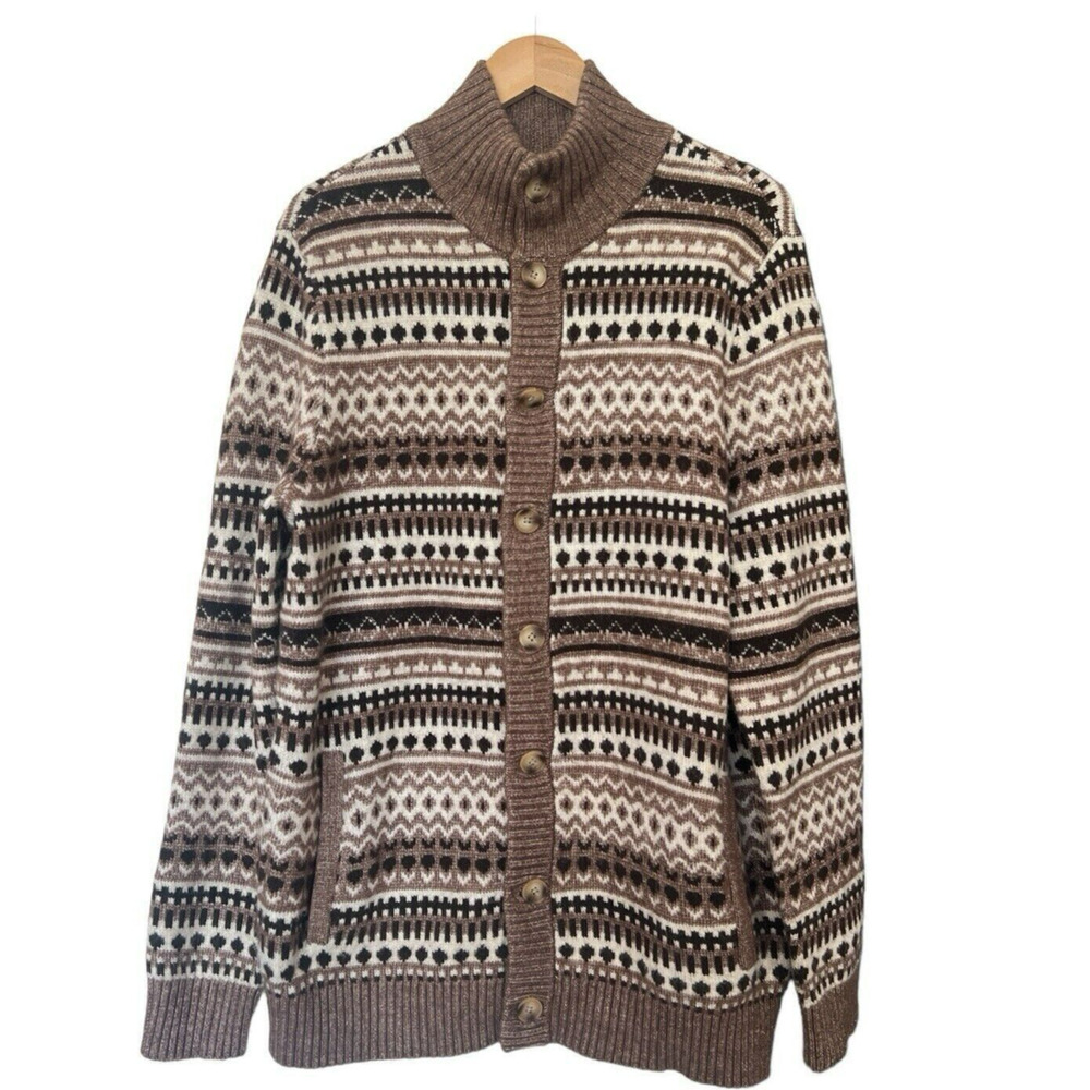 UpWest Cardigan Sweater Mens Lg Shawl Collar Wool Blend Fair Isle Cozy Grandpa